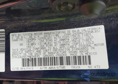 2007 Toyota Tacoma Prerunner V6 z USA, uszkodzony, nr VIN 3TMJU62N57M034835